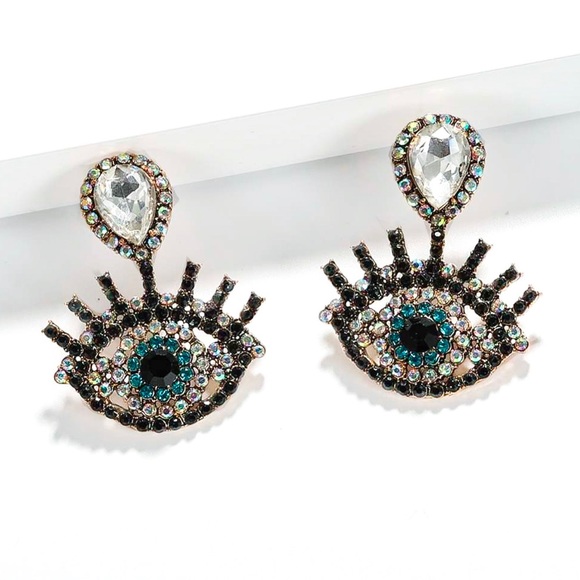 2/$20! Gold/Crystal Evil Eye Statement Earrings - Picture 2 of 7